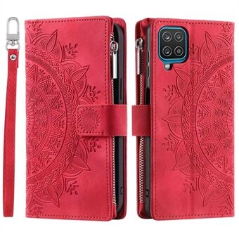 Multiple Card Slots Telefoncover til Samsung Galaxy A12 / M12 Mandala Flower Imprinted PU Læder Telefon Taske Stand Lynlås Lomme tegnebog med rem