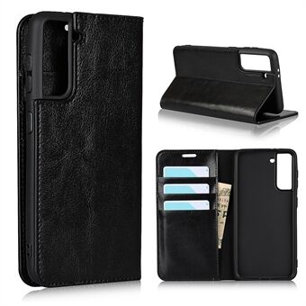 Til Samsung Galaxy S21 4G/5G Wallet Stand Design Crazy Horse Tekstur Ægte Læder Cover Etui - Sort