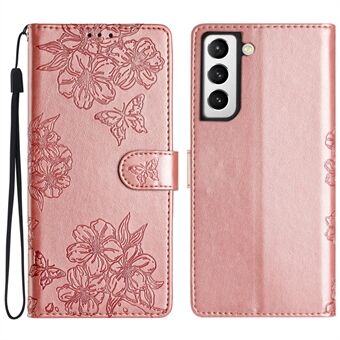 Til Samsung Galaxy S21 5G / 4G Engros Telefon Støtte Etui Sakura Sommerfugl Præget PU Læder Telefon Cover