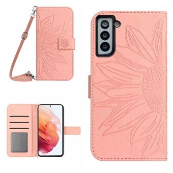 Til Samsung Galaxy S21 5G / 4G HT04 PU-læderpåtrykt solsikke-etui Stand tegnebog Skin-touch stødsikkert telefoncover med skulderrem