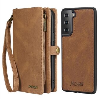 MEGSHI 017 Series Pung-etui til Samsung Galaxy S21+ 5G, 2-i-1 læderlynlås Aftagelig magnetkortholdere Flipcover med rem