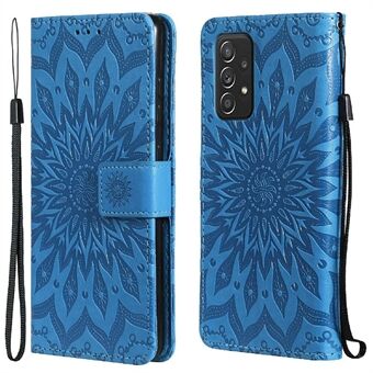 KT Imprinting Flower Series-1 Folio Flip Solsikkeprægning Læderbeskyttelsesskal med Rem til Samsung Galaxy A52 5G/A52 4G/A52s 5G - Blå