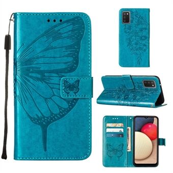 Imprint Butterfly Flower Pattern Wallet Stand Læder Taske til Samsung Galaxy A02s (EU-version)