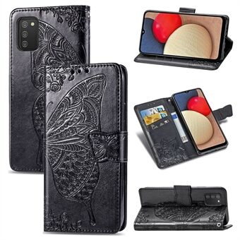 Wallet Design Imprint Big Butterfly Leather Stand Phone Shell til Samsung Galaxy A02s (EU-version)