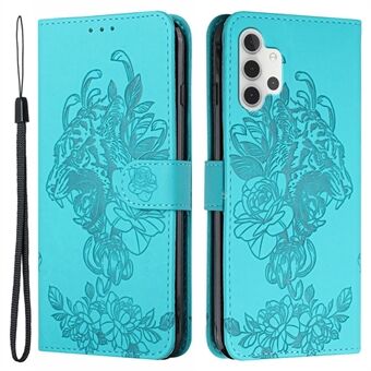 Imprint Tiger Head Flower Læder Wallet Stand Telefoncover til Samsung Galaxy A32 4G (EU-version)