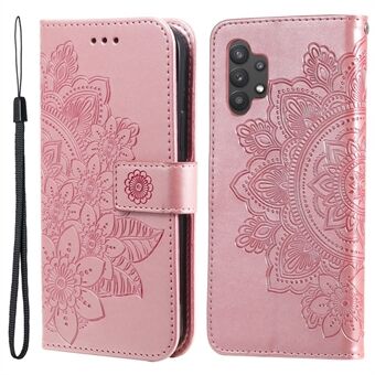 PU Læder Imprint Flowers Pattern Pung-telefonetui med snor til Samsung Galaxy A32 4G (EU-version)