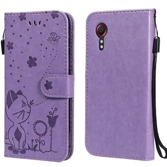 Magnetisk lukning KT Imprinting Flower Series-4 Cat and Bee Pattern Imprinting Læder Wallet Stand Case til Samsung Galaxy Xcover 5