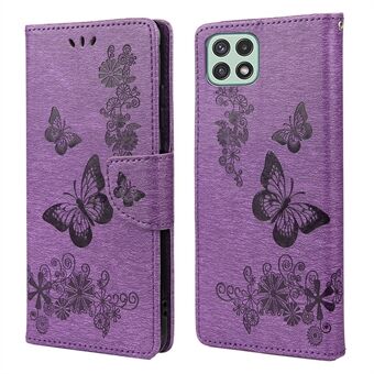 Sommerfugleblomst præget PU-læderpung Magnetic Flip Folio TPU Soft Bumper Cover til Samsung Galaxy A22 5G (EU-version)