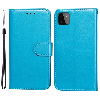 Ensfarvet Fuld beskyttelse Læder Stand Wallet Phone Case med rem til Samsung Galaxy A22 5G (EU-version)