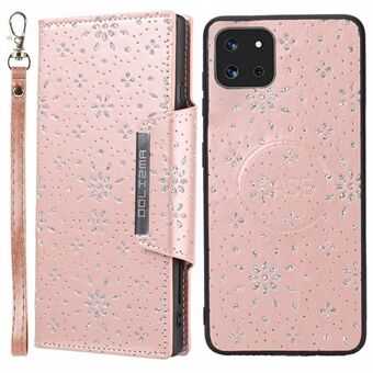 Til Samsung Galaxy A22 5G (EU-version) Beskyttelsescover Glitter Blomsterblad præget aftagelig læderpung telefonetui