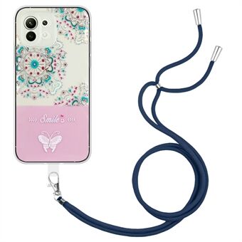 Til Samsung Galaxy A22 5G (EU-version) præget lakeret sommerfuglemønster tyndt etui Blødt TPU stødabsorberende cover med snor