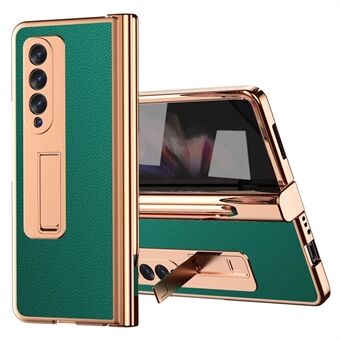 Til Samsung Galaxy Z Fold3 5G Hængselbeskyttelse PU-læder + hård pc-skal, galvanisering af stativ med indbygget skærmbeskytter i hærdet glas og S Pen