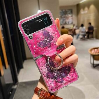 Til Samsung Galaxy Z Flip3 5G Mønstertryk PU-læderbelagt PC-etui Ring Rhinestone Decor Anti-drop telefoncover