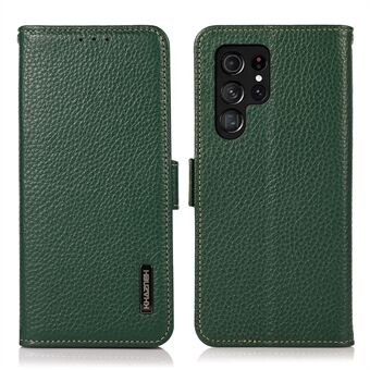 KHAZNEH Fuld beskyttelse Anti-tyveri Swiping Design Litchi Texture Ægte læder etui til Samsung Galaxy S22 Ultra 5G