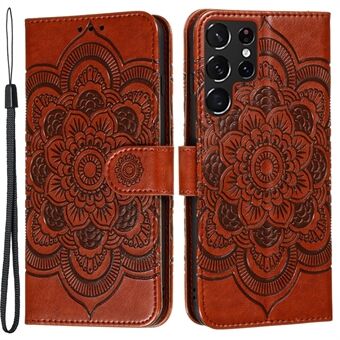 Imprinting Mandala Flower Horisontal Flip PU Læder Taske Stand Pung Telefon Cover med rem til Samsung Galaxy S22 Ultra 5G