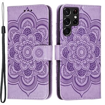 Imprinting Mandala Flower Horisontal Flip PU Læder Taske Stand Pung Telefon Cover med rem til Samsung Galaxy S22 Ultra 5G