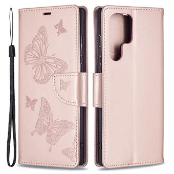 Flip Folio-cover i PU-læder Butterfly-præget Stand Stødsikkert beskyttelsescover med rem til Samsung Galaxy S22 Ultra 5G