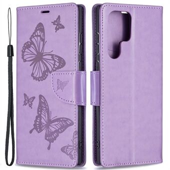 Flip Folio-cover i PU-læder Butterfly-præget Stand Stødsikkert beskyttelsescover med rem til Samsung Galaxy S22 Ultra 5G