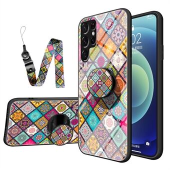 Faldsikkert velbeskyttet hærdet glas + pc + TPU Kickstand telefoncover med snor til Samsung Galaxy S22 Ultra 5G