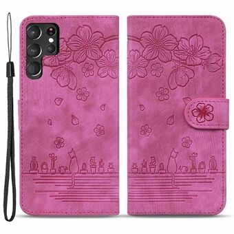 Til Samsung Galaxy S22 Ultra 5G Anti-fall Telefon Pung Case Cherry Blossom Cat Imprinted PU læder Stand Well Protection Mobiltelefoncover med rem