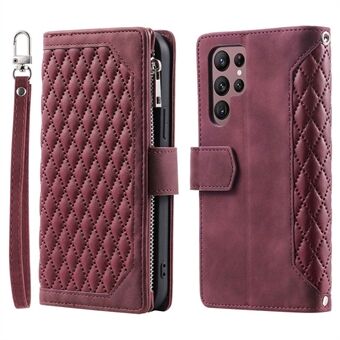 005 Style til Samsung Galaxy S22 Ultra 5G Rhombus Texture PU Læder Telefon Pung Stand Cover Lynlås Lomme Design Anti-drop etui med håndledsrem