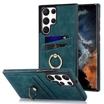 Til Samsung Galaxy S22 Ultra 5G PU læderbelagt TPU-kortholder Retro telefontaske Ring Kickstand Anti-ridse bagcover