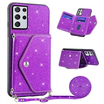 Til Samsung Galaxy S22 Ultra 5G Glitter Telefon Case Lædercoated TPU Cover med Kickstand kortholder