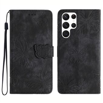 Til Samsung Galaxy S22 Ultra 5G stødsikker etui Butterfly-påtrykt læderpung-etui Skin-Touch telefoncover