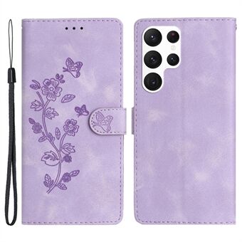 Til Samsung Galaxy S22 Ultra 5G læder Drop-sikker telefonetui Flower Imprint Stand Cover