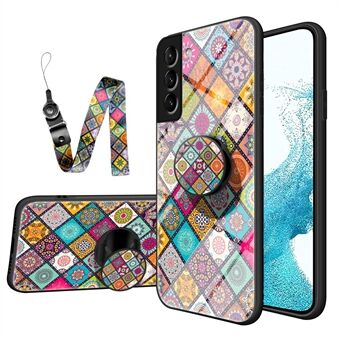 Blomstermønster hærdet glas + pc + TPU-telefonhybrid-cover cover med stativ og snor til Samsung Galaxy S22 5G
