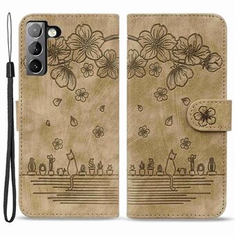 Til Samsung Galaxy S22 5G Anti-fald Ridsefast telefonpung etui Cherry Blossom Cat påtrykt PU Stand Brøndbeskyttelse Mobiltelefoncover med rem