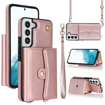 Til Samsung Galaxy S22 5G-kortpladser Telefonskal PU-læder+TPU-telefontaske Kickstand-cover med korte+lange stropper