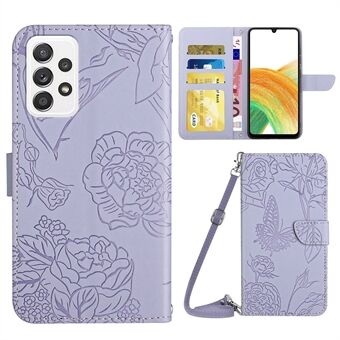 Til Samsung Galaxy A33 5G Butterfly Flowers Imprinting PU-lædertelefonskal, mønsterprægning Designpung Horisontalt Stand med skulderrem