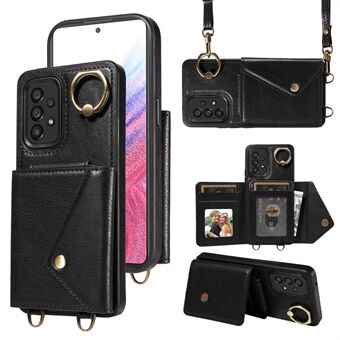 002 Til Samsung Galaxy A53 5G Kortholder Taske Cover Ring Kickstand Litchi Tekstur Læder+TPU Telefon Etui med Skulderrem