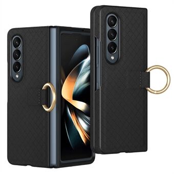 GKK Til Samsung Galaxy Z Fold4 5G Tynd Telefoncover med Gittertryk i PU+PC Telefonetui med Ringfingerholder