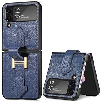 Til Samsung Galaxy Z Flip4 5G stødsikker Litchi Texture telefontaske Kickstand ægte læderbelagt hårdt pc-cover Foldetelefonskal