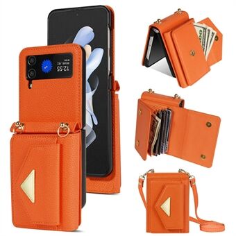 Til Samsung Galaxy Z Flip4 5G-etui med kortholder, læder+PC, stødsikkert cover med skulderrem