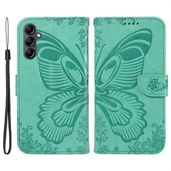 Til Samsung Galaxy A14 5G Wallet Telefon Taske sommerfugle præget læder flip cover med rem.