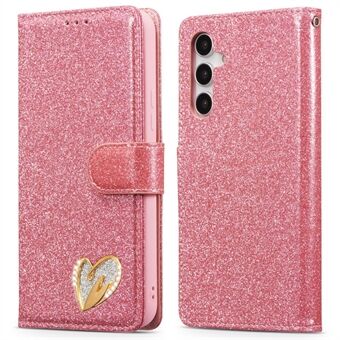 Til Samsung Galaxy A14 4G / 5G Glitter Læder Etui med Diamant Kærlighedshjerte Pung Stand Flip Cover