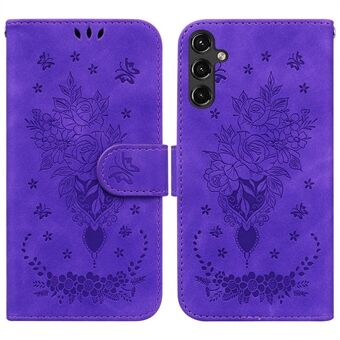 Til Samsung Galaxy A14 5G PU Læder Pung Telefon Etui Rose Butterfly påtrykt Magnetisk lukning Stand Folio Cover med rem