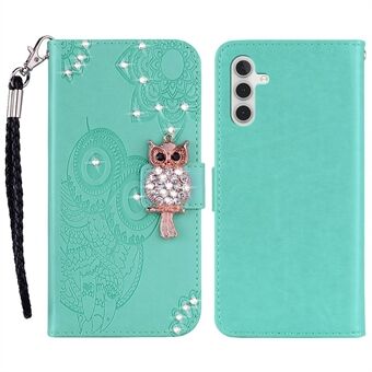 Til Samsung Galaxy A14 5G Rhinestone Decor Scratch telefoncover, prægning af ugleblomstermønster Stand tegnebogslæderetui