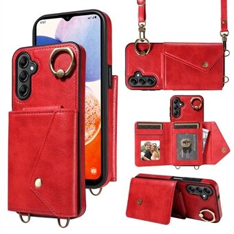 002 Til Samsung Galaxy A14 5G / A14 4G Kortholder Taske Ring Kickstand Cover Litchi Tekstur Læderbelagt TPU Telefon Taske med Skulderrem