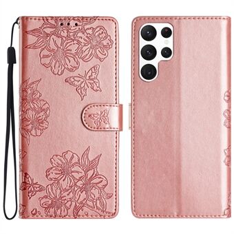 Til Samsung Galaxy S23 Ultra Cover Sakura Butterfly prægning, beskyttende læder telefondækning mod faldskader.