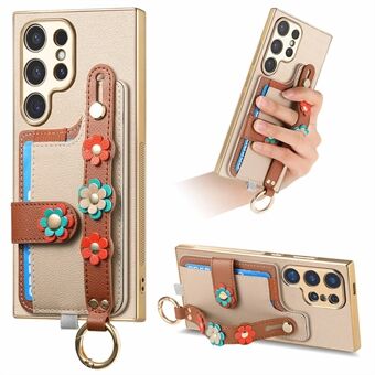 W2-serien til Samsung Galaxy S23 Ultra etui 3D blomsterlæder telefonbagcover håndledsrem med støttefunktion