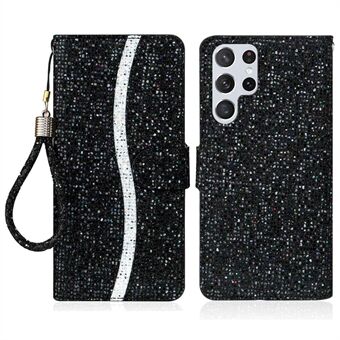 Til Samsung Galaxy S23 Ultra Glitter Bling Splicing Design PU Læder Stødsikkert Etui Telefonpung Stativ Beskyttende Cover med Håndrem