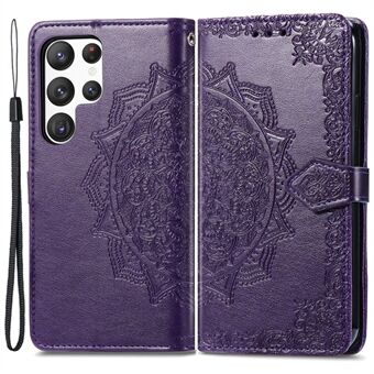 Til Samsung Galaxy S23 Ultra Præget Mandala Mønster Telefon Etui Stativ Chokabsorberende PU Læder Pengepung Folio Cover med Rem