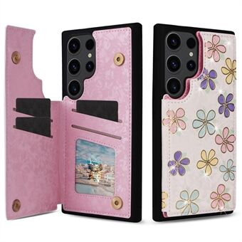 For Samsung Galaxy S23 Ultra-etui med støtteben i PU læder + TPU blomstret telefoncover.