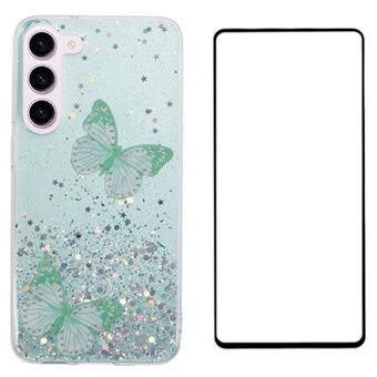 WANLONFENG AW-serien til Samsung Galaxy S23-etui med skærmbeskytter TPU-telefon-cover 3D sommerfugl glitter pailletter