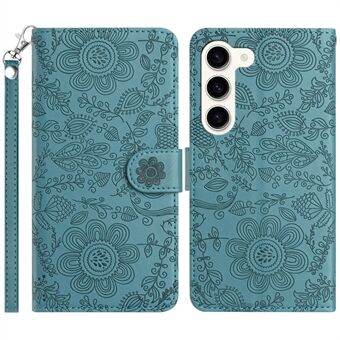 Til Samsung Galaxy S23 Etui Blomsterpræget Læder Flip Wallet Telefoncover med Håndledsrem