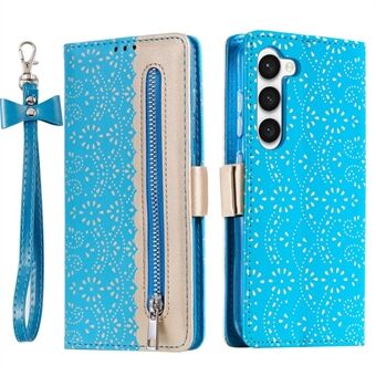 Til Samsung Galaxy S23 PU læder stødsikker etui Lynlås tegnebog Telefon etui Blonde blomstermønster Stand cover med bueknot håndledsrem